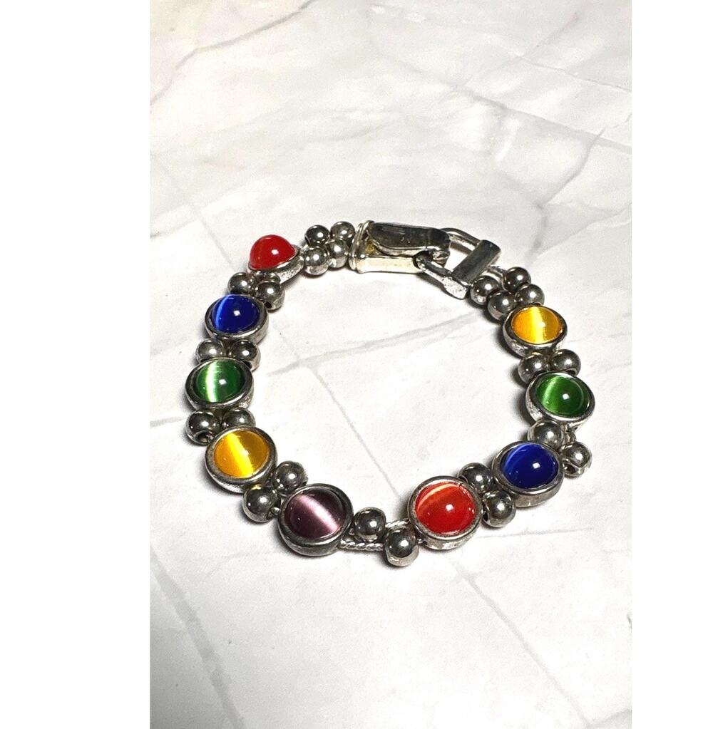 Vintage Rainbow Cat's Eye Chrysoberyl Glass Beaded Link Bracelet 7.75"